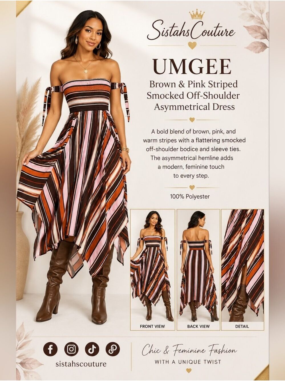 UMGEE Brown & Pink Striped Smocked Off-Shoulder Asymmetrical Dress - Picture 2 of 7